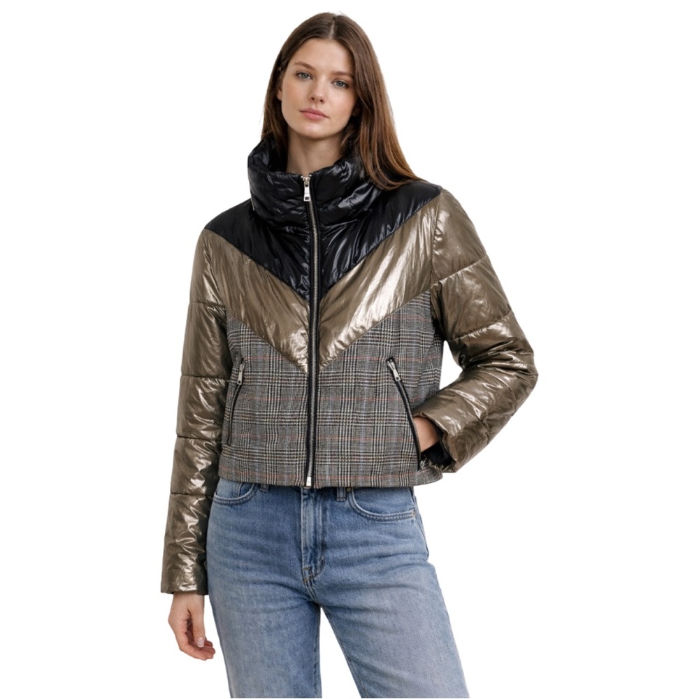 LA Coalition Houndstooth Metallic Puffer Jacket Coat Preppy